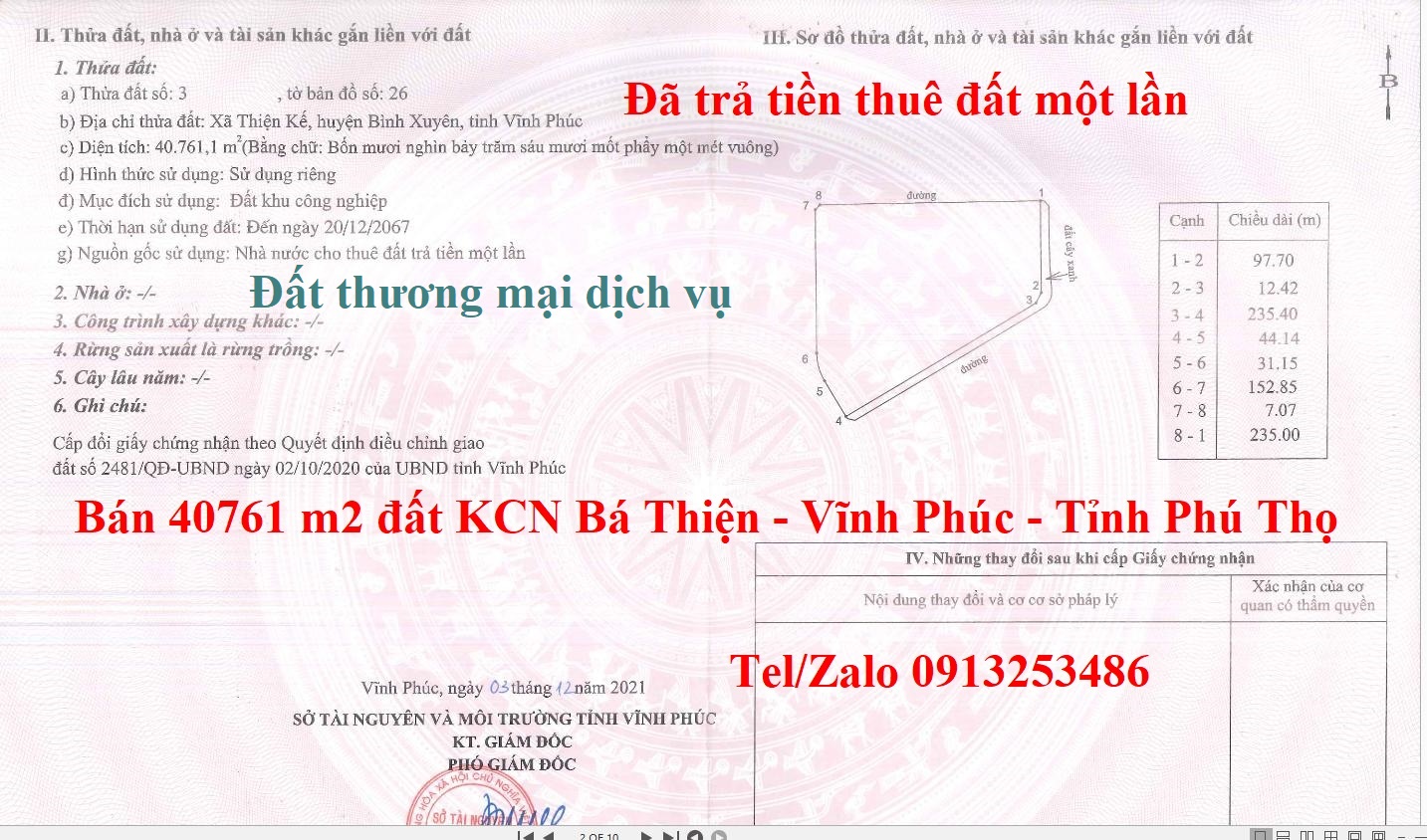 Bán 40761 m2 đất thương mại dịch vụ trong KCN Bá Thiện - Vĩnh Phúc - Tỉnh Phú Thọ