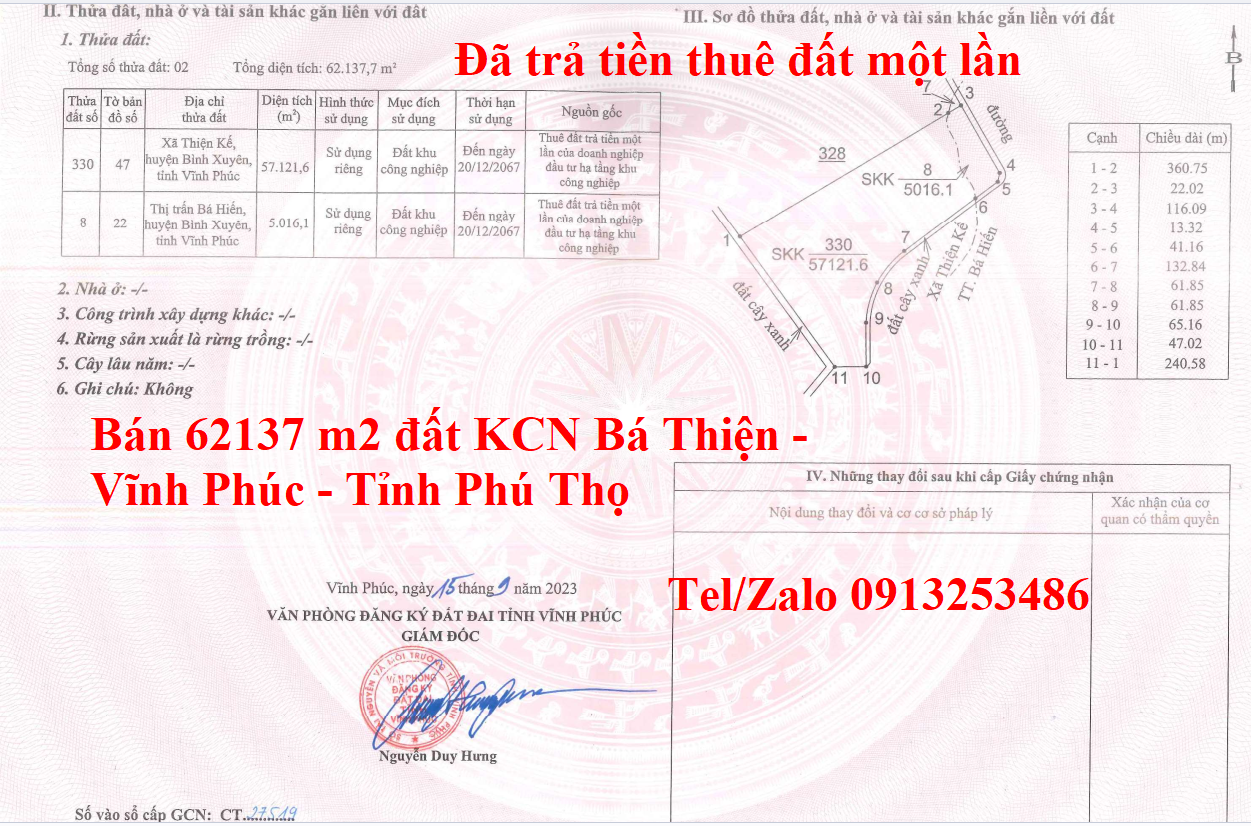 Bán 62137 m2 đất trong KCN Bá Thiện - Vĩnh Phúc - Tỉnh Phú Thọ