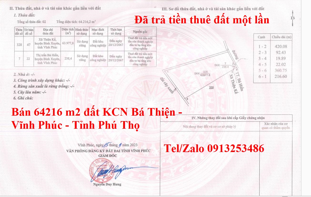 Bán 64216 m2 đất KCN Bá Thiện - Vĩnh Phúc - Tỉnh Phú Thọ