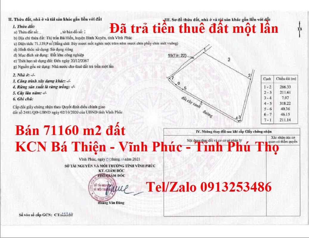 Bán 71160 m2 đất khu công nghiệp KCN Bá Thiện - Vĩnh Phúc - Tỉnh Phú Thọ