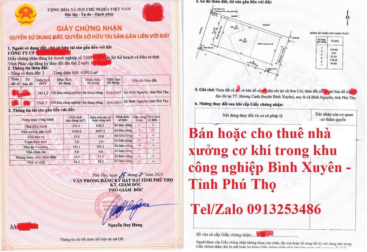 Bán chuyển nhượng hoặc cho thuê lô đất 6380 m2 có nahf xưởng cơ khí trong KCN Bình Xuyên - Vĩnh Phúc - Tỉnh Phú Thọ