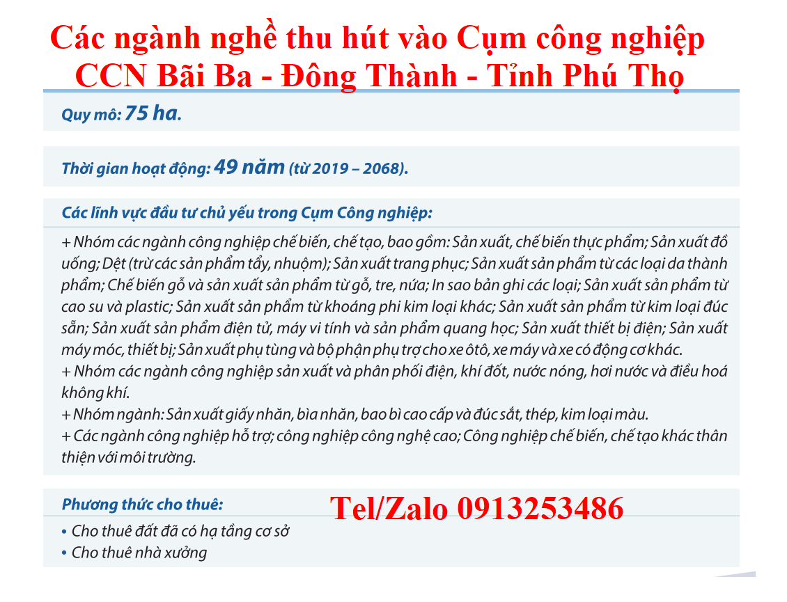 Các ngành nghề thu hút vào Cụm công nghiệp Bãi Ba - Đông Thành - Tỉnh Phú Thọ