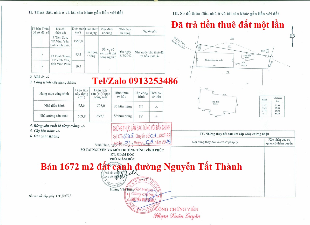 Bán chuyển nhượng lô đất 1672 m2 đã có Giấy chứng nhận quyền sử dụng đất và chứng nhận tài sản trên đất với thời hạn đến 15/7/2042