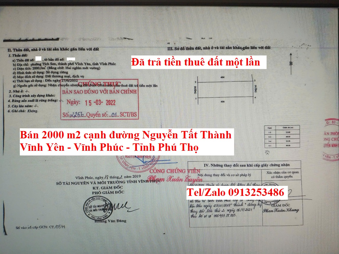 Bán lô đất 2000 m2 ở cạnh đường Nguyễn Tất Thành thuộc đại phận Phường Vĩnh Yên - Tỉnh Phú Thọ