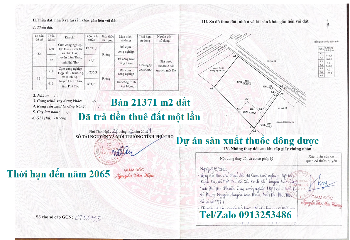 Bán chuyển nhượng lô đất 21371 m2 đất của dự án sản xuất thuốc đông dược trong Cụm công nghiệp Hợp Hải - Kinh Kệ - Lâm Thao - Phú Thọ