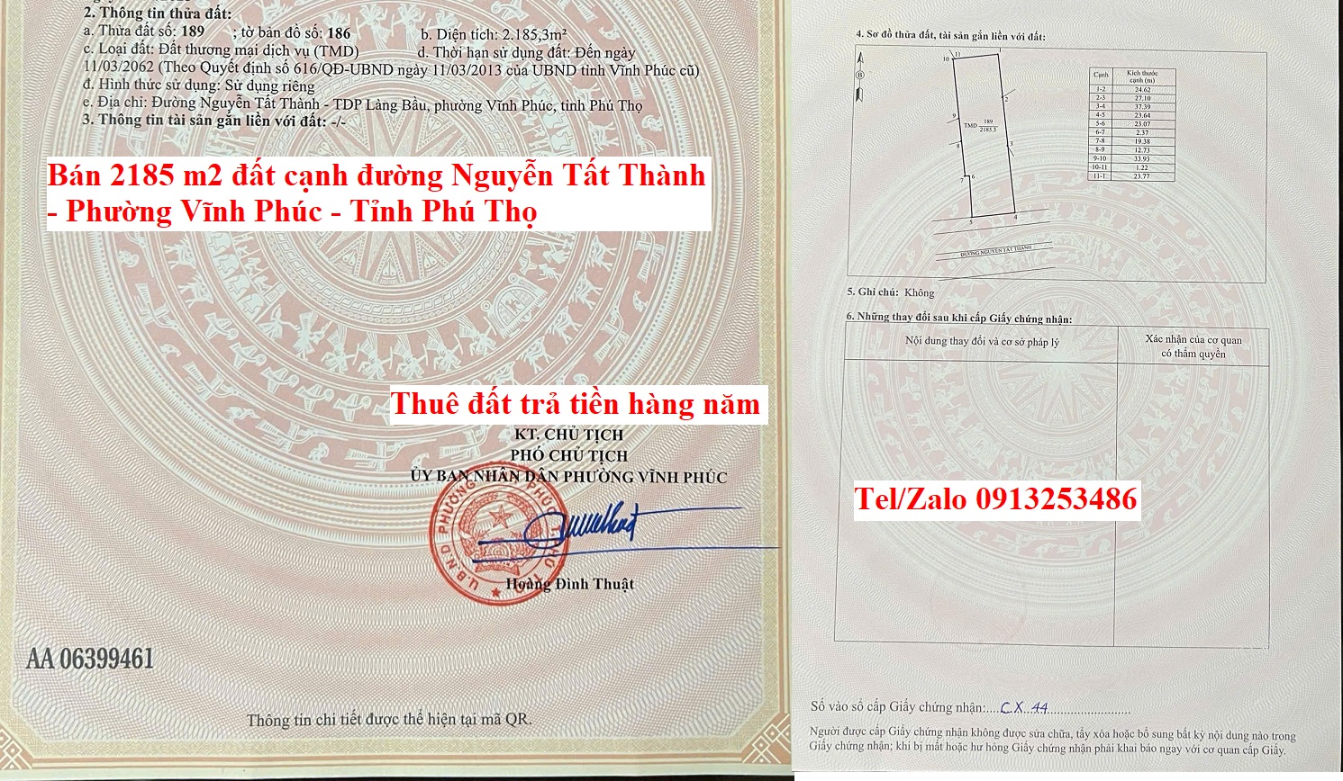 Bán chuyển nhượng 2185 m2 đất ở cạnh đường Nguyễn Tất Thành - Phường Vĩnh Phúc - Tỉnh Phú Thọ