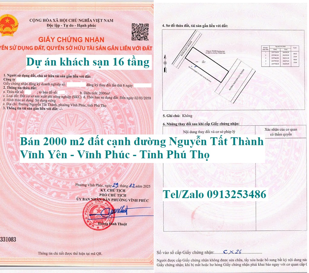 Bán chuyển nhượng 2000 m2 dự án khách sạn 16 tầng ở cạnh đường Nguyễn Tất Thành - Phường Vĩnh Phúc - Tỉnh Phú Thọ