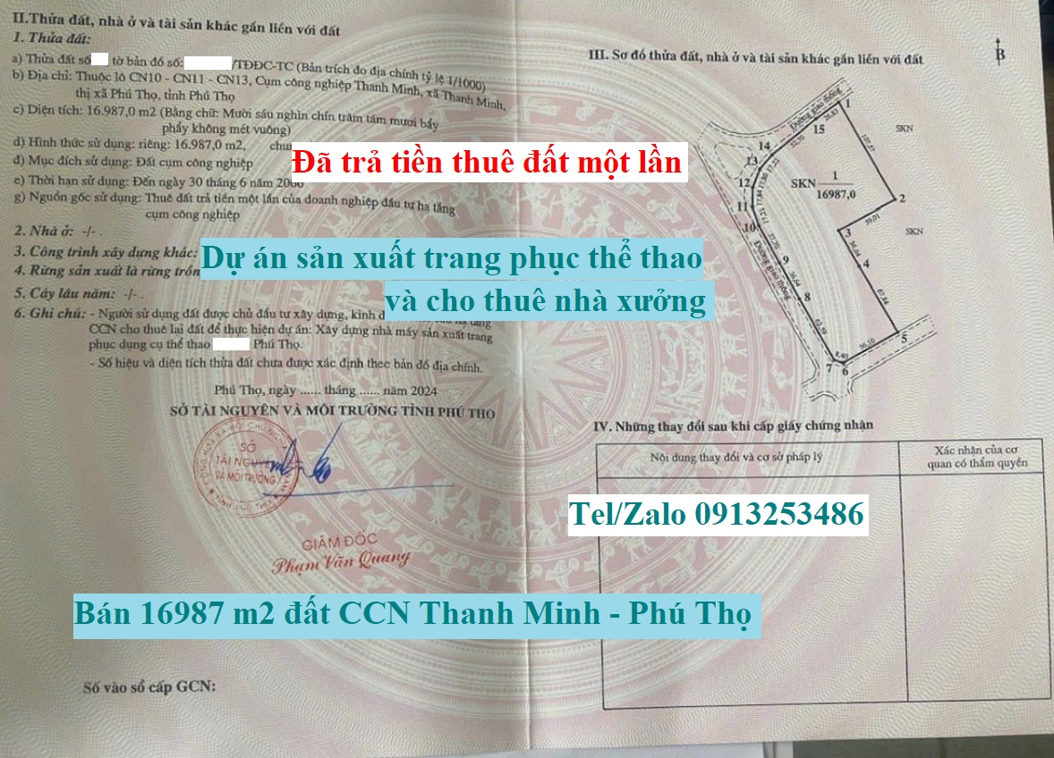 Bán 16987 m2 đất đã trả tiền thuê đất một lần (thời hạn đến 30/6/2066) trong Cụm công nghiệp CCN Thanh Minh Phú Thọ của dự án sản xuất trang phục thể thao và cho thuê nhà xưởng