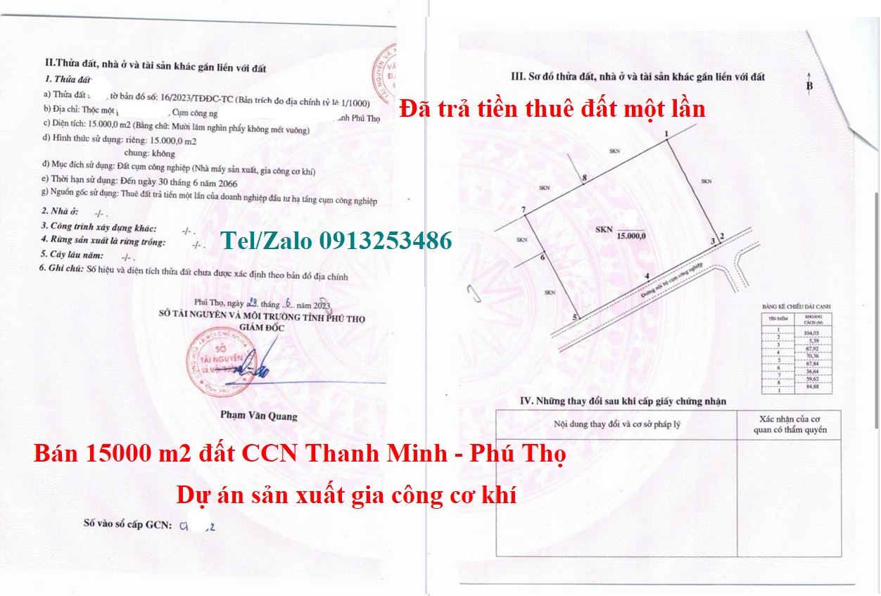 Bán 15000 m2 đất đã trả tiền thuê đất một lần (thời hạn đến 30/6/2066) trong Cụm công nghiệp CCN Thanh Minh Phú Thọ của dự án sản xuất gia công cơ khí 
