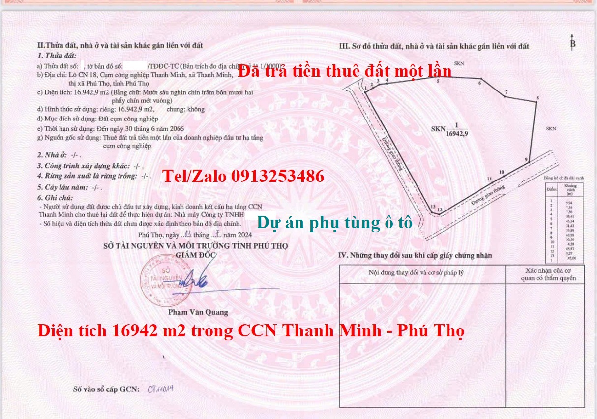 Bán 16942 m2 đất đã trả tiền thuê đất một lần (thời hạn đến 30/6/2066) trong Cụm công nghiệp CCN Thanh Minh Phú Thọ của dự án sản xuất phụ tùng ô tô