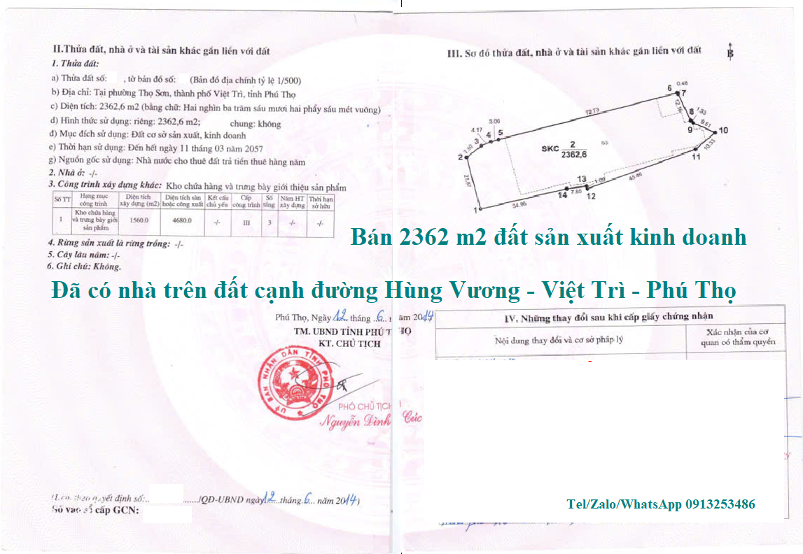 Bán 2362 m2 đất sản xuất kinh doanh và Trung tâm thương mại 3 tầng ở cạnh đường Hùng Vương - Tỉnh Phú Thọ