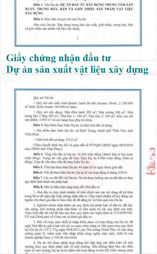 Giấy chứng nhận đầu tư của dự án sản xuất vật liệu xây dựng ở Phường Định Trung nay thuộc Phường Vĩnh Yên - Tỉnh Phú Thọ
