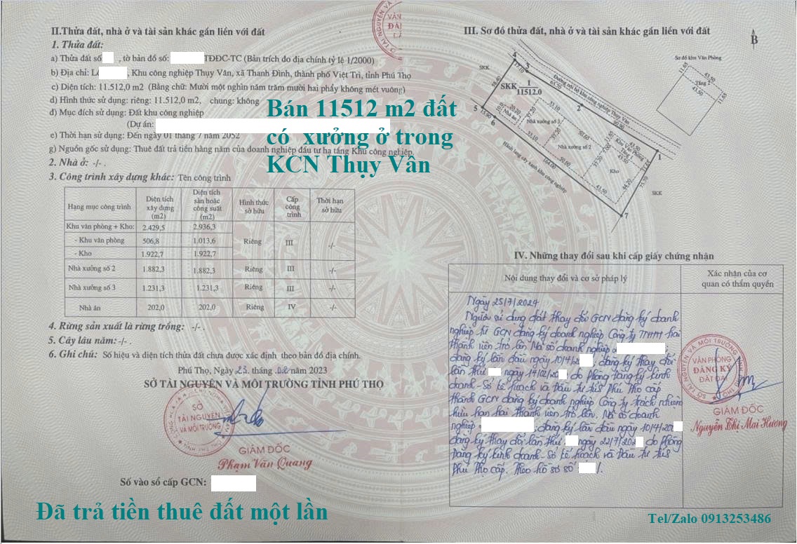 Bán 11512 m2 đất có sẵn nhà xưởng ở trong KCN Thụy Vân - Việt Trì - Tỉnh Phú Thọ