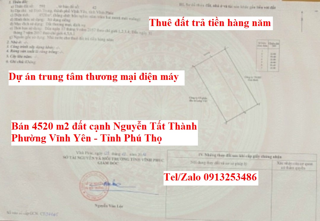Bán chuyển nhượng dự án trung tâm thương mại điện máy 3 tầng cạnh đường Nguyễn Tất Thành - Phường Vĩnh Yên - Tỉnh Phú Thọ