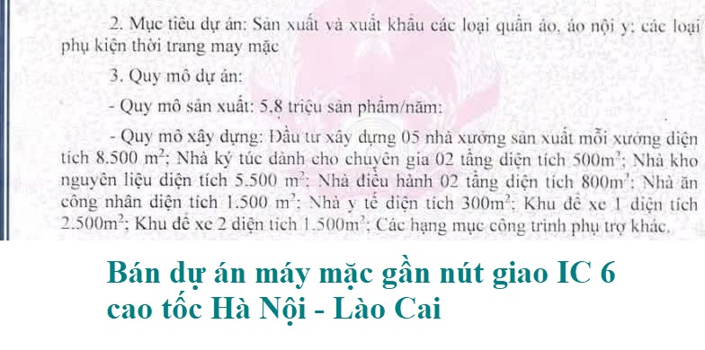 Bán dự án may mặc gần nút giao IC6 của cao tốc Hà Nội - Lào Cai