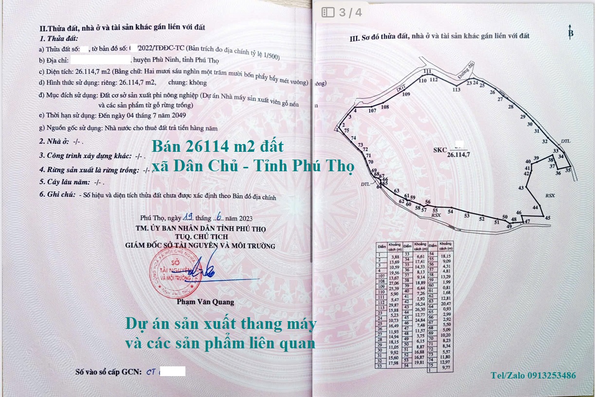 Bán chuyển nhượng dự án sản xuất thang máy và các sản phẩm liên quan ở Xã Dân Chủ - Tỉnh Phú Thọ có 26114 m2 đất