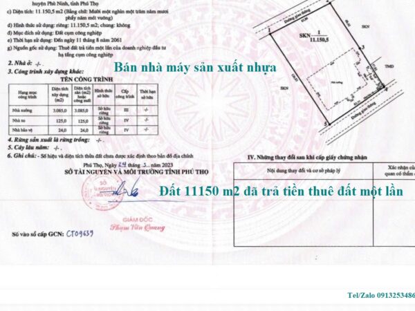Bán nhà máy sản xuất hạt nhựa và sản xuất các sản phẩm từ plastic với diện tích đất 11150 m2 và nhà xưởng 3085 m2 ở trong Cụm công nghiệp của Tỉnh Phú Thọ