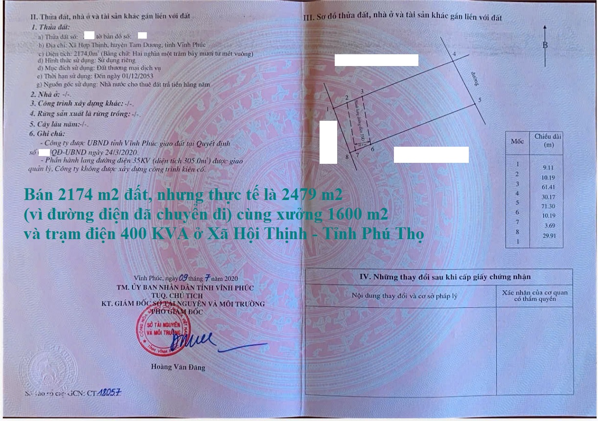 Bán chuyển nhượng nhà xưởng 1600 m2 ở Xã Hội Thịnh - Tỉnh Phú Thọ cùng trạm điện 400 KVA và lô đất với diện tích trên giấy tờ 2174 m2, nhưng diện tích thực tế 3479 m2.