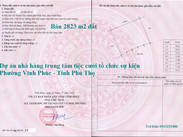 Bán 2823 m2 đất dự án nhà hàng trung tâm tiệc cưới tổ chức sự kiện ở Phường Vĩnh Phúc - Tỉnh Phú Thọ với mật độ xây dựng 40% và được xây 03 tầng