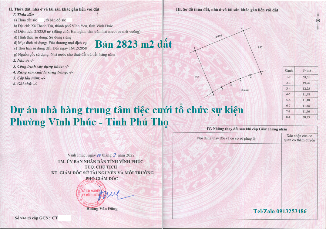 Bán 2823 m2 đất dự án nhà hàng trung tâm tiệc cưới tổ chức sự kiện ở Phường Vĩnh Phúc - Tỉnh Phú Thọ với mật độ xây dựng 40% và được xây 03 tầng