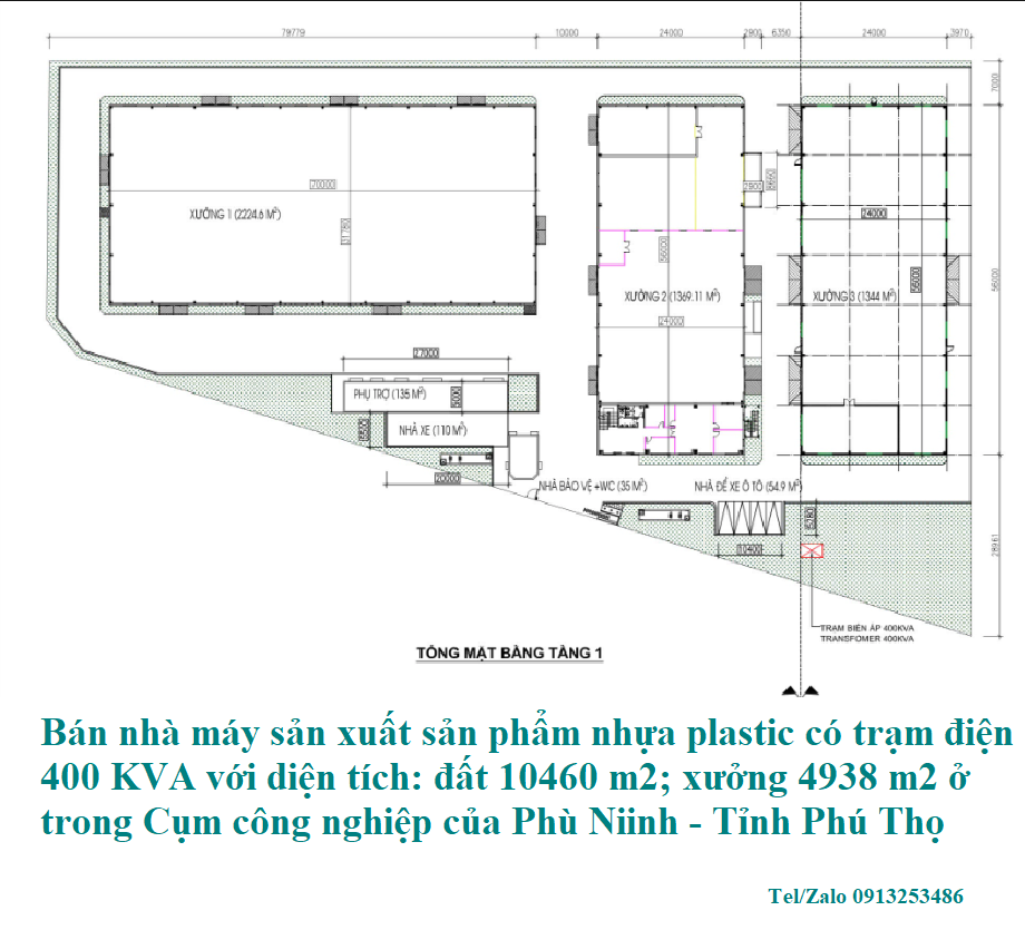 Bán nhà xưởng trong Cụm công nghiệp Phù Ninh của Tỉnh Phú Thọ có trạm điện 400 KVA; diện tích đất 10460 m2; diện tích xưởng 4938 m2 của dự án sản xuất sản phẩm nhựa Plastic