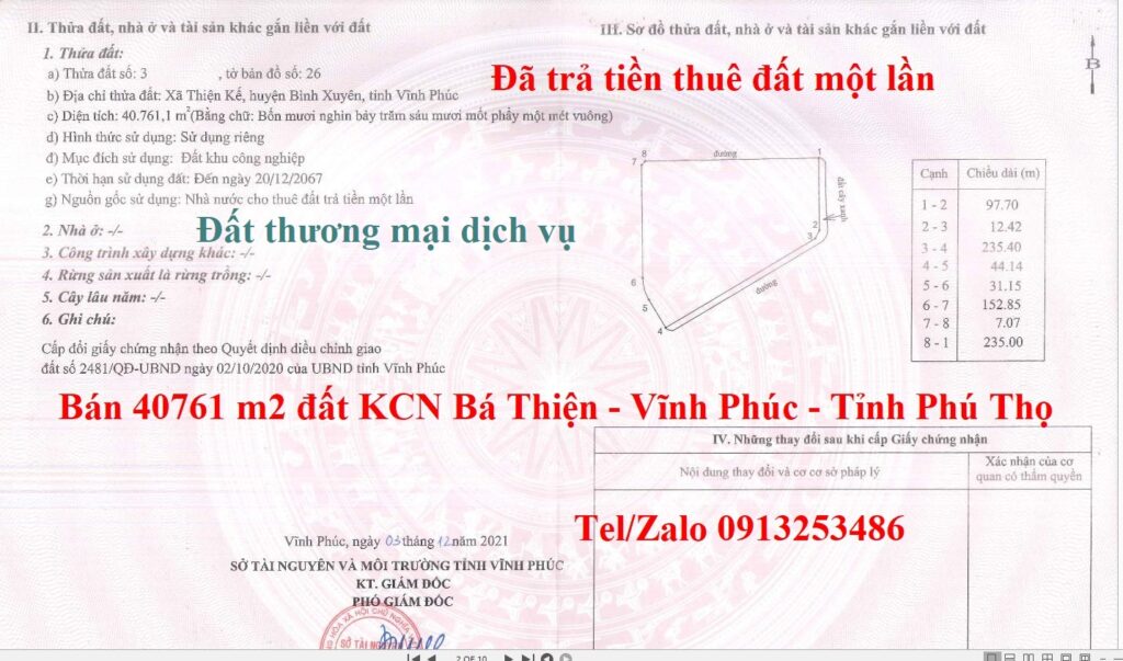 Bán 40761 m2 đất thương mại dịch vụ trong KCN Bá Thiện - Vĩnh Phúc - Tỉnh Phú Thọ