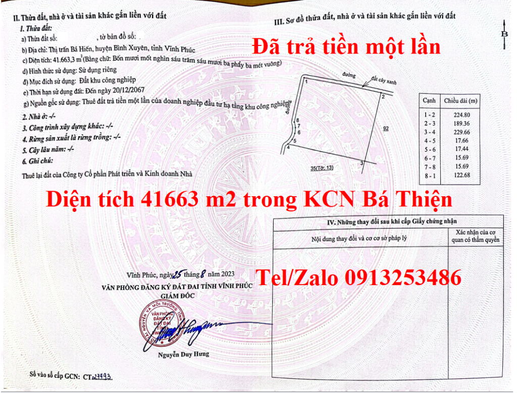 Bán 41663 m2 đất trong KCN Bá Thiện - Vĩnh Phúc - Tỉnh Phú Thọ