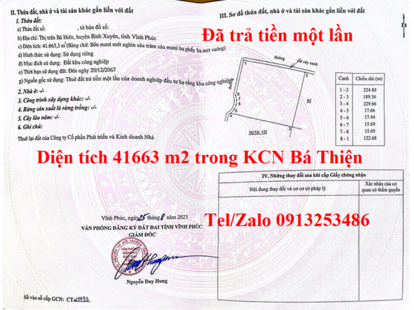 Bán 41663 m2 đất trong KCN Bá Thiện - Vĩnh Phúc - Tỉnh Phú Thọ