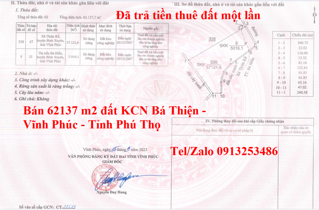 Bán 62137 m2 đất trong KCN Bá Thiện - Vĩnh Phúc - Tỉnh Phú Thọ