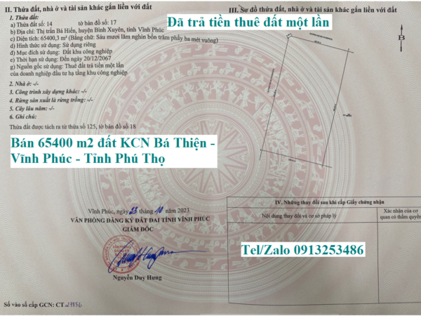 Bán chuyển nhượng 65400 m2 đất trong khu công nghiệp KCN Bá Thiện - Bình Xuyên - Vĩnh Phúc - Tỉnh Phú Thọ đã trả tiền thuê đất một lần