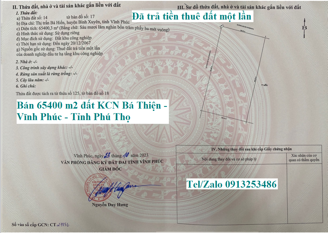 Bán chuyển nhượng 65400 m2 đất trong khu công nghiệp KCN Bá Thiện - Bình Xuyên - Vĩnh Phúc - Tỉnh Phú Thọ đã trả tiền thuê đất một lần