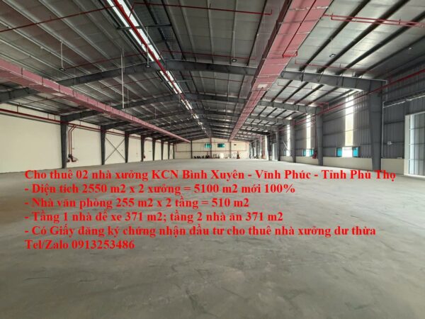 Cho thuê 02 nhà xưởng trong KCN Bình Xuyên - Vĩnh Phúc - Tỉnh Phú Thọ mới 100% có đầy đủ PCCC tự động