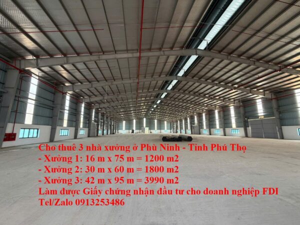 Cho thuê 3 nhà xưởng mới 100% ở Phù NInh - Tỉnh Phú Thọ có GIấy chứng nhận đầu tư cho thuê nhà xưởng dư thừa