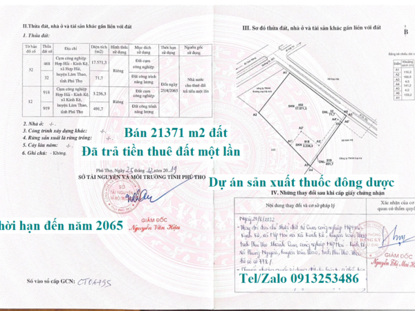 Bán chuyển nhượng lô đất 21371 m2 đất của dự án sản xuất thuốc đông dược trong Cụm công nghiệp Hợp Hải - Kinh Kệ - Lâm Thao - Phú Thọ