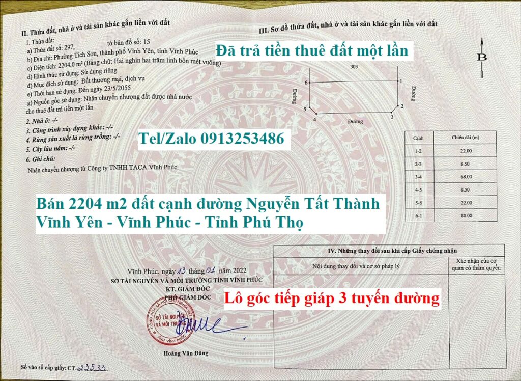 Bán chuyển nhượng 2204 m2 đất là lô góc tiếp giáp 3 tuyến đường và cạnh đường Nguyễn Tất Thành - Phường Vĩnh Yên - Tỉnh Phú Thọ