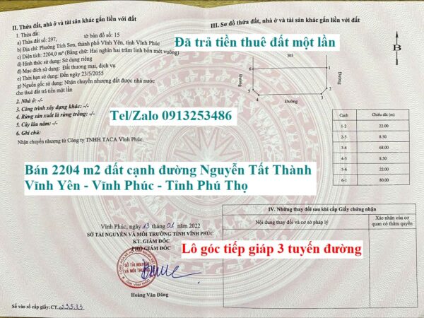 Bán chuyển nhượng 2204 m2 đất là lô góc tiếp giáp 3 tuyến đường và cạnh đường Nguyễn Tất Thành - Phường Vĩnh Yên - Tỉnh Phú Thọ