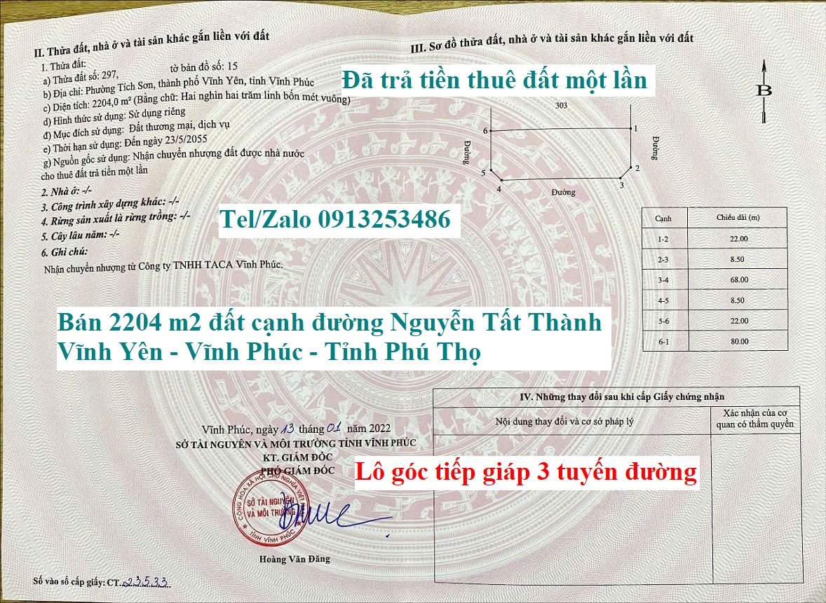 Bán chuyển nhượng 2204 m2 đất là lô góc tiếp giáp 3 tuyến đường và cạnh đường Nguyễn Tất Thành - Phường Vĩnh Yên - Tỉnh Phú Thọ