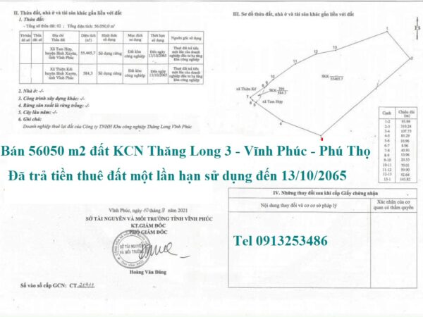 Bán chuyển nhượng cho thuê lô đất 56050 m2 đất trong Khu công nghiệp KCN Thăng Long 3 - Vĩnh Phúc - Tỉnh Phú Thọ