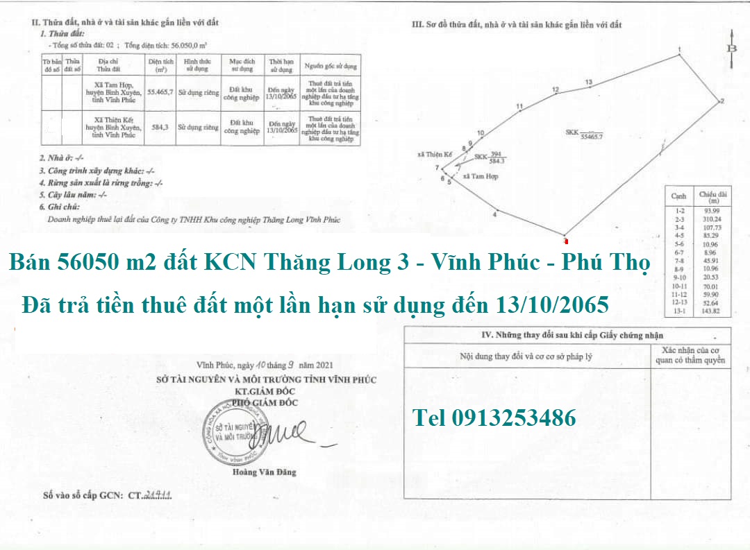 Bán chuyển nhượng cho thuê lô đất 56050 m2 đất trong Khu công nghiệp KCN Thăng Long 3 - Vĩnh Phúc - Tỉnh Phú Thọ