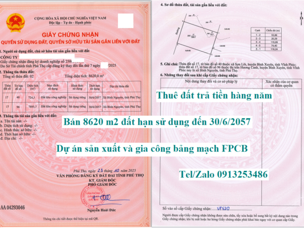 Lô đất 8620 m2 cần bán chuyển nhượng ở trong khu công nghiệp KCN Bình Xuyên - Vĩnh Phúc - Tỉnh Phú Thọ cấp cho dự án sản xuất bản mạch FPCB