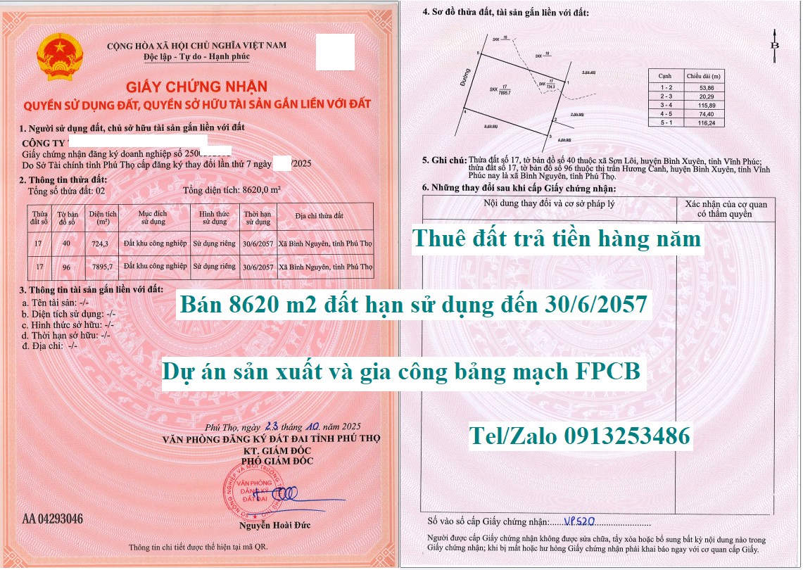Lô đất 8620 m2 cần bán chuyển nhượng ở trong khu công nghiệp KCN Bình Xuyên - Vĩnh Phúc - Tỉnh Phú Thọ cấp cho dự án sản xuất bản mạch FPCB