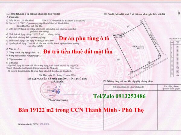 Bán 19122 m2 đất đã trả tiền thuê đất một lần (thời hạn đến 30/6/2066) trong Cụm công nghiệp CCN Thanh Minh Phú Thọ của dự án sản xuất phụ tùng ô tô