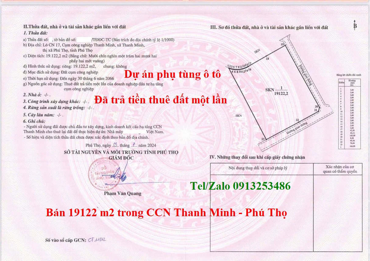Bán 19122 m2 đất đã trả tiền thuê đất một lần (thời hạn đến 30/6/2066) trong Cụm công nghiệp CCN Thanh Minh Phú Thọ của dự án sản xuất phụ tùng ô tô
