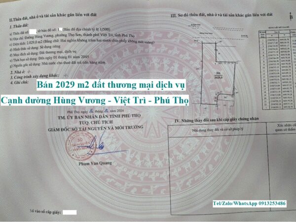 Bán lô đất 2029 m2 cạnh đường Hùng Vương - Việt Trì - Tỉnh Phú Thọ là lô đất thương mại dịch vụ tiếp giáp 02 tuyến đường