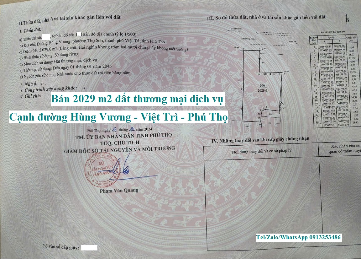 Bán lô đất 2029 m2 cạnh đường Hùng Vương - Việt Trì - Tỉnh Phú Thọ là lô đất thương mại dịch vụ tiếp giáp 02 tuyến đường