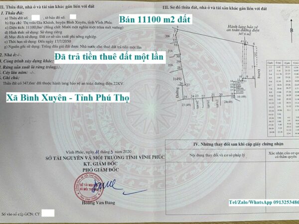 Bán chuyển nhượng 11100 m2 đất sản xuất phi nông nghiệp ở Gia Khánh - Bình Xuyên - Vĩnh Phúc cũ nay là xã Bình Xuyên - Tỉnh Phú Thọ: 11000 m2 đã trả tiền thuê đất một lần
