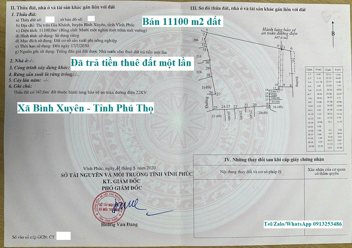 Bán chuyển nhượng 11100 m2 đất sản xuất phi nông nghiệp ở Gia Khánh - Bình Xuyên - Vĩnh Phúc cũ nay là xã Bình Xuyên - Tỉnh Phú Thọ: 11000 m2 đã trả tiền thuê đất một lần