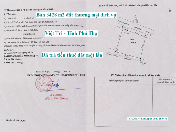 Bán chuyển nhượng 3428 m2 đất thương mại dịch vụ ở Việt Trì - Tỉnh Phú Thọ đã trả tiền thuê đất một lần phù hợp xây nhà cho chuyên gia trong khu công nghiệp ở và trung tâm thương mại