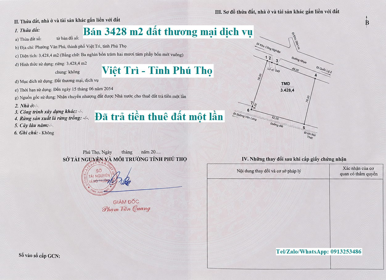 Bán chuyển nhượng 3428 m2 đất thương mại dịch vụ ở Việt Trì - Tỉnh Phú Thọ đã trả tiền thuê đất một lần phù hợp xây nhà cho chuyên gia trong khu công nghiệp ở và trung tâm thương mại