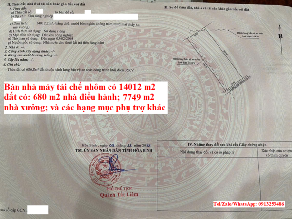 Bán chuyển nhượng cho thuê 14012 m2 đất và nhà xưởng của nhà máy tái chế nhôm ở Tỉnh Hòa Bình cũ nay thuộc Tỉnh Phú Thọ